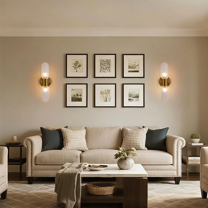 Modern Gold Wall Sconces, 2-Light Hardwired Brass Vanity Light Fixture with Glass Shade, Wall Lighting for Living Room Bedroom Bathroom Hallway, 2 G9 LED Bulbs Included