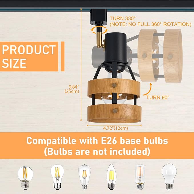 Adjustable Modern H-Type Track Lighting Heads, Farmhouse 3-Pack Real Pecan Wood and Brass Accent, Retail Display, Gallery Walls, E26 Base