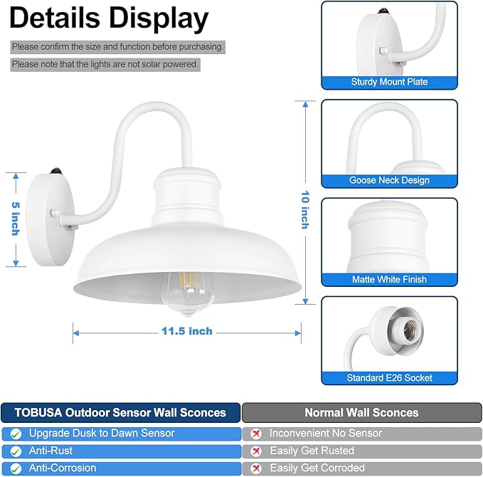 TOBUSA 2-Pack Dusk to Dawn Outdoor Wall Lights, Waterproof Farmhouse Gooseneck Barn Lights, 11.5'' White Outside Wall Sconces for House, Porch, Garage