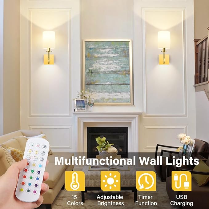 Bosceos 14.5 Inch Battery Operated Wall Sconces Set of 2, Gold Rechargeable Wall Lights with Remote, Wireless Wall Lamps with 15 Color Dimmable Bulbs for Bedroom Living Room Hallway Decor