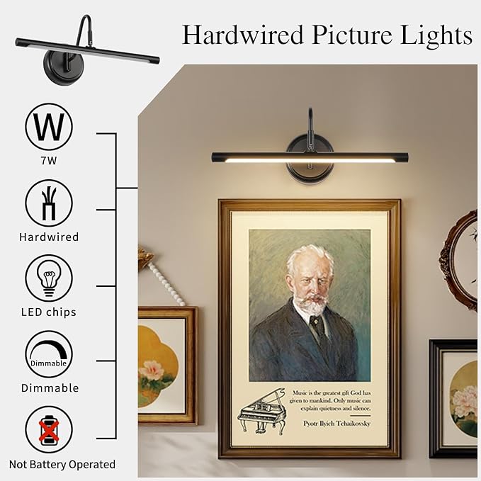 JOOSENLUX Picture Lights for Paintings Hardwired 16.5" Inch Long Dimmable Black Wall Lights with Adjustable Lighting Direction 110V 3000K