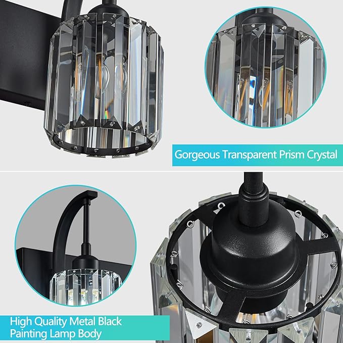 Bathroom Crystal Vanity Lights 2-Light Black Wall Lamp Modern Crystal Bathroom Light Fixtures Over Mirror 13.77" Long Wall Sconce