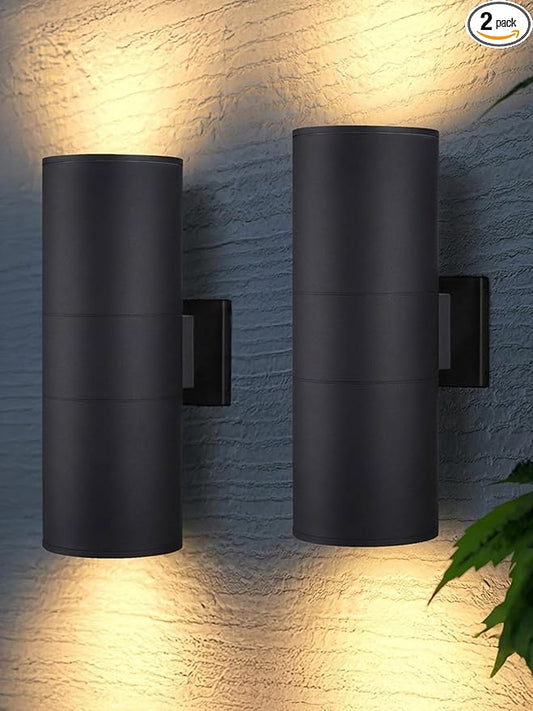 LEONLITE Modern Outdoor Cylinder Wall Lights 22", Up and Down Porch Patio Lights, Matte Black Waterproof Wall Sconce, Aluminum, E26 Base, Exterior Light Fixture Wall Mount, ETL, Pack of 2