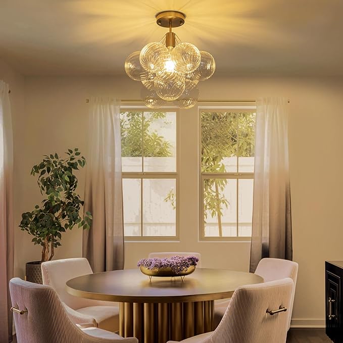 Semi Flush Mount Chandelier Gold-Special Bubble Flush Mount Ceiling Light 14.17" Modern Mid Century Ceiling Light Fixtures With 9 Clear Swirled Glass Ball for Bedroom Foyer kitchen, Include E26 Blub