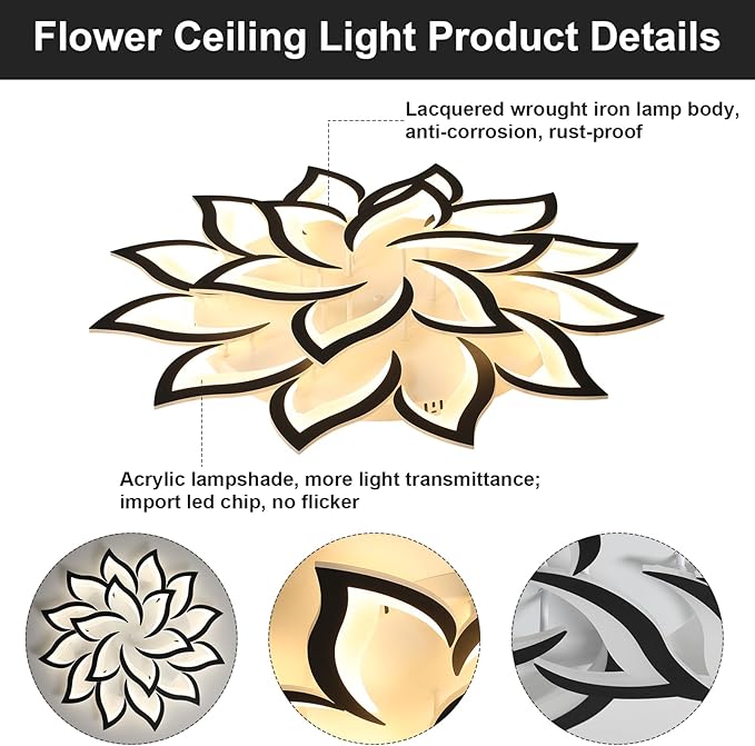 JAYMP 39.4" Flower Shaped Ceiling Light Dimmable Modern Ceiling Lamp Remote Control LED Lighting Fixture for Living Room Dining Room Farmhouse (Black/18 Petals)