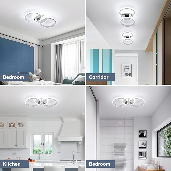 ElDISUNY Modern LED Ceiling Lights, 30W Round Ceiling Lights Fixture for Kitchen, Close to Ceiling Lights for Hallway Bedroom Dining Room,Cool White Light 6000K(Chrome)