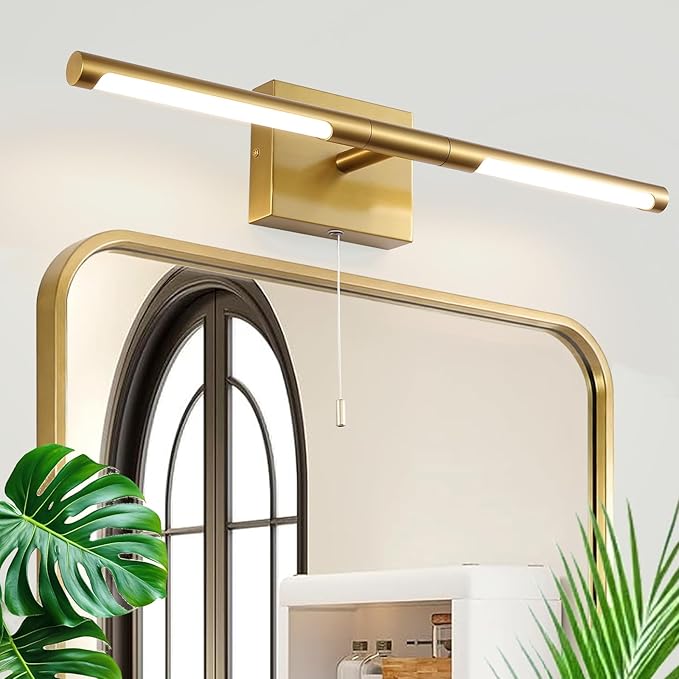 24 Inch Brass Gold LED Bar Bathroom Vanity Light,360° Rotatable Vanity Light Fixtures with Pull Chain Over Mirror,4000K Modern Bathroom Sconces Wall Lighting Picture Light