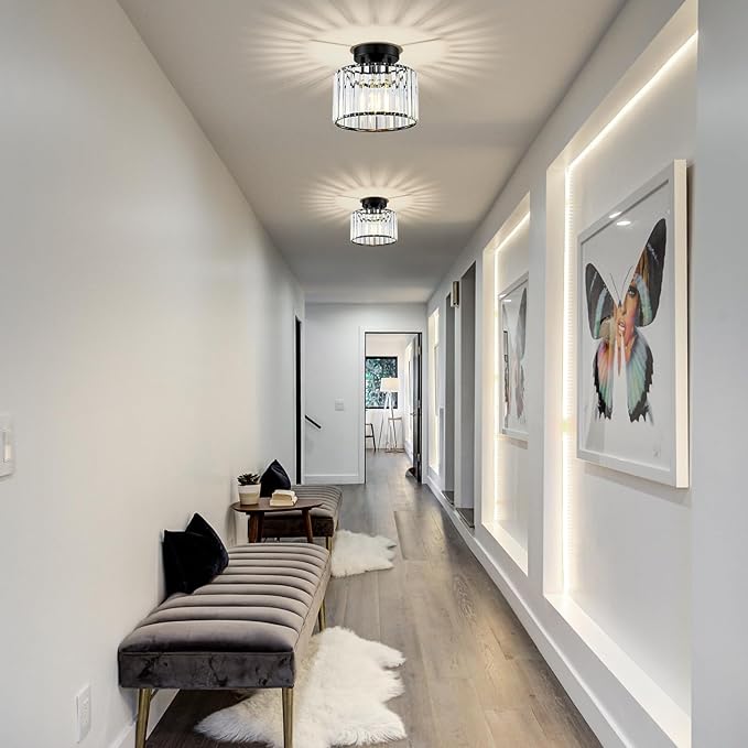 Crystal Black Semi Flush Mount Ceiling Light Modern Hallway Light Fixture Metal Close to Lamp for Entryway Bedroom(8.66 inch)