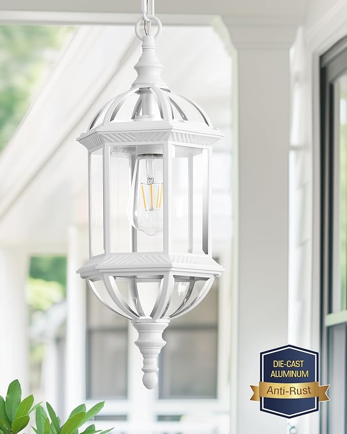 VIANIS Outdoor Hanging Lights, White Outdoor Pendant Lights with Tempered Beveled Glass, 20 Inch 1-Light Adjustable Outdoor Chandelier for Entryway, Gazebo, Waterproof and Anti-Rust, 100% Aluminum
