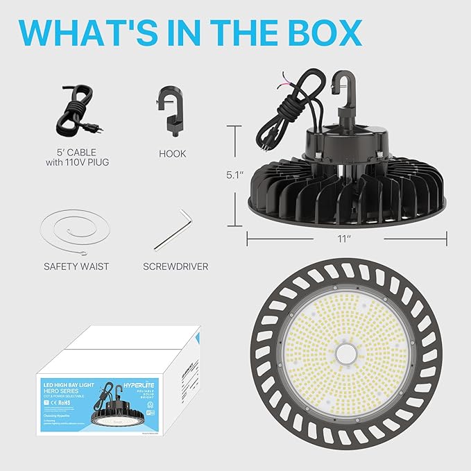 HYPERLITE LED UFO High Bay Lights 250W 36,250lm 1-10V Dimmable 5000K 5' Cable with 110V Plug Hanging Hook Safe Rope UL Listed for Shopping Mall Stadium Exhibition Hall