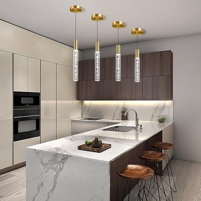 Modern Gold Pendant Light Fixture 3-Color for Kitchen Island, 1-Light LED Pendant Lighting Cord Adjustable Acrylic Ceiling Hanging Lights for Living Room Bedroom Dining Room (1 Pack)