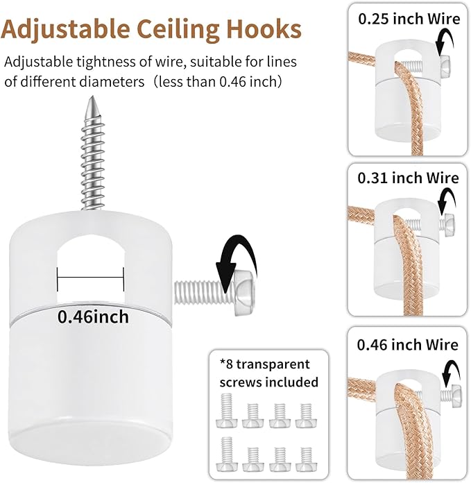 Upgrade 0.46’’ Big Hole Ceiling Hooks for Hanging Lights，Aluminum Ceiling Hook for Light Fixture, White Adjustable Swag Hook, Pendant Lights Hook, Swag Hooks for Hanging Lamp Shades (6 Pack)
