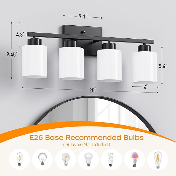 PARTPHONER 4-Light Matte Black Bathroom Light Fixtures, Modern Vanity Light Over Mirror Lighting, Wall Sconce with Frosted Milky White Glass Shades for Bedroom Living Room Kitchen Hallway