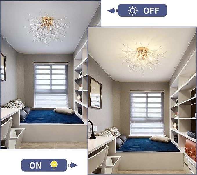 Modern Small Crystal Ceiling Light Fixture, 4-Light Gold Crystal Sputnik Firework Chandelier, Semi Flush Mount Ceiling Light Fixtures for Bedroom Kitchen Hallway Entryway Bathroom(H9.5'' x W17.7'')