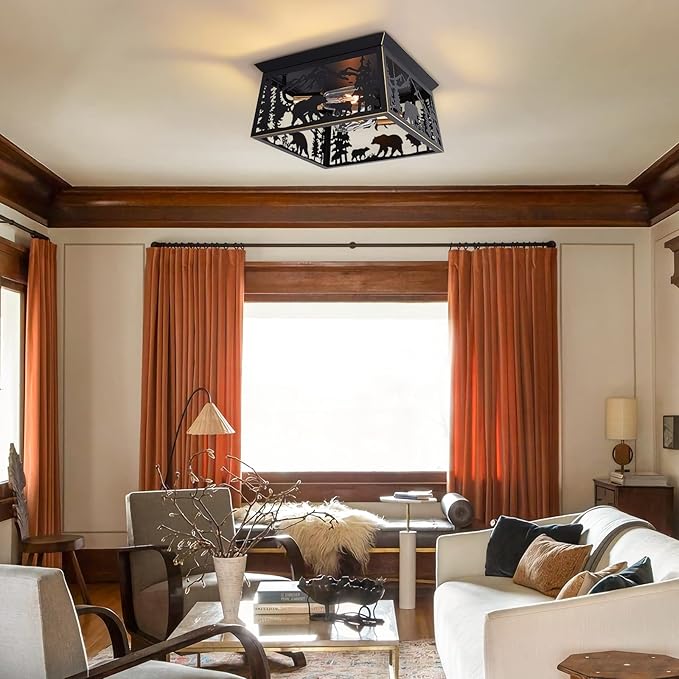 Farmhouse Flush Mount Ceiling Light Fixture, 2-Light Bear Rustic Light Fixtures for Log Cabin Kitchen, Bedroom, Living Room, Outdoor Porch, and Foyer Entryway Lighting (Bulbs not Included)