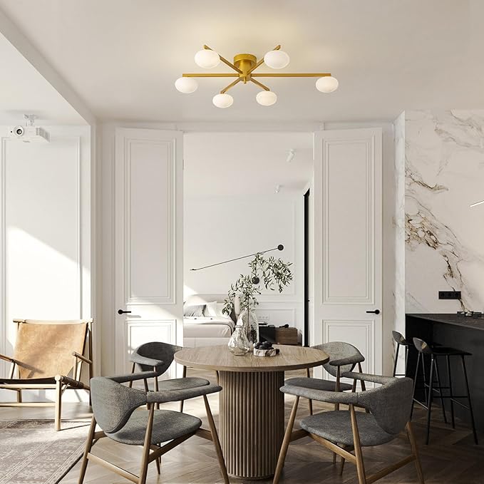 Modern Semi-Flush Mount Ceiling Light with 6 Opal Glass Shades, 39" Gold Sputnik Chandelier,Mid-Century Vintage Style, Ideal for Living Room, Dining Room, Bedroom, Cafe & Hotel