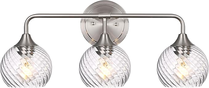 MELUCEE 3 Lights Modern Vanity Lights Over Mirror, Brushed Nickel Bathroom Lighting Fixtures with Clear Striped Swirl Glass Shade, Metal Wall Mount Lamp for Mirror, Bathroom Living Room Workshop