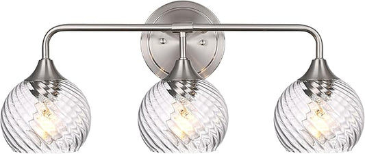 MELUCEE 3 Lights Modern Vanity Lights Over Mirror, Brushed Nickel Bathroom Lighting Fixtures with Clear Striped Swirl Glass Shade, Metal Wall Mount Lamp for Mirror, Bathroom Living Room Workshop
