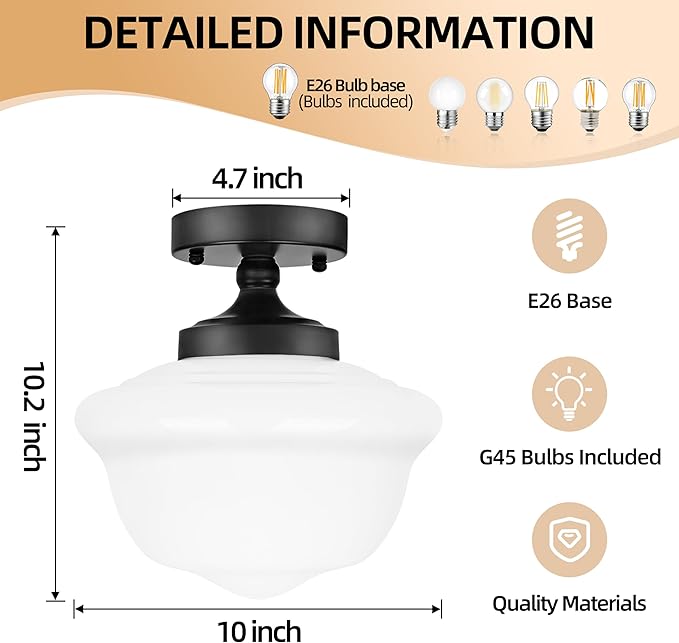 Bagood 10" Black Schoolhouse Light Fixtures Schoolhouse Light Fixtures Ceiling Mid Century Lights Fixture Milk Glass Lights Fixture Semi Flush Mount Ceiling Fixture for Bathroom Kitchen (Bulb Incl)
