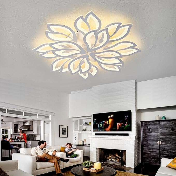 HuixuTe Modern White Flower Ceiling Light Fixture, 30 Inch Dimmable Flush Mount with 12 Leaves, Low Profile for Living Room, Dining Room, Bedroom
