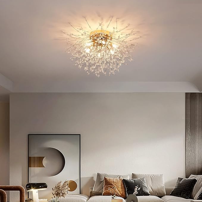 CM MZY 6-Light Sputnik Flush Mount Ceiling Light Fixture, Modern Gold Crystal Firework Ceiling Lights, Close to Ceiling Lamp for Bedroom Kitchen Hallway Entryway Bathroom