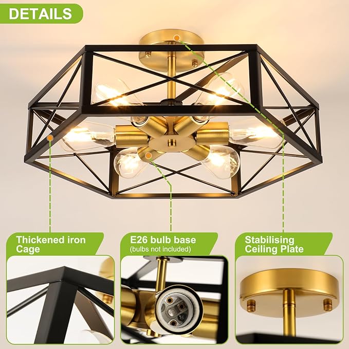 WILON Industrial Semi Flush Mount Ceiling Light, 19.68" Dining Room Light Fixture Farmhouse 6-Light Kitchen Lighting Fixtures Ceiling Mount Black and Gold Light Fixture for Hallway Kitchen Foyer