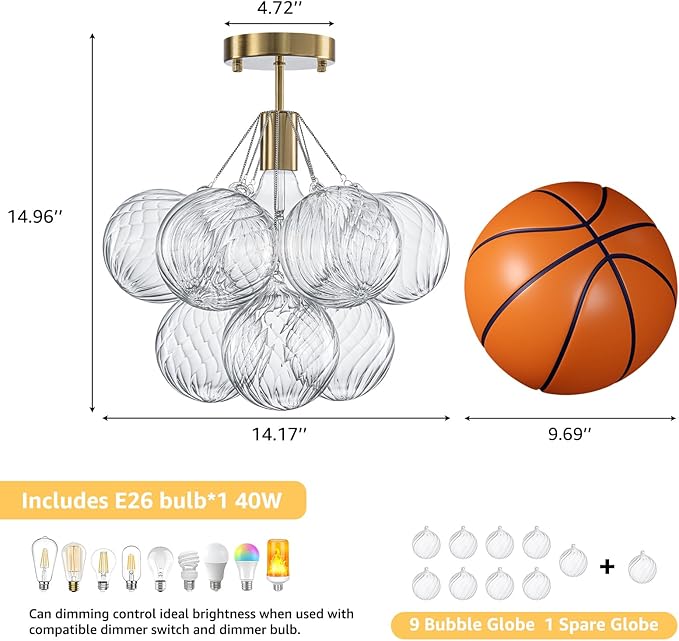 Semi Flush Mount Chandelier Gold-Special Bubble Flush Mount Ceiling Light 14.17" Modern Mid Century Ceiling Light Fixtures With 9 Clear Swirled Glass Ball for Bedroom Foyer kitchen, Include E26 Blub