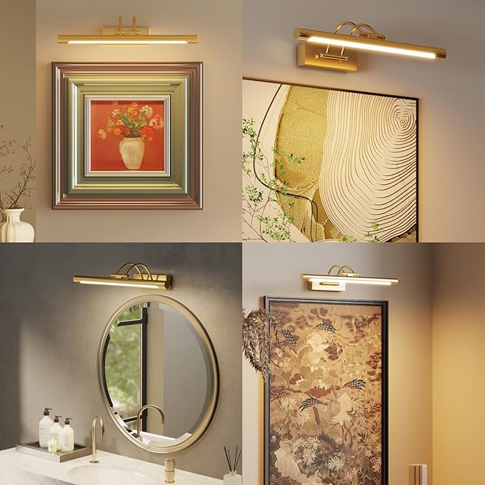 Picture Frame Light,16 inch Wireless Picture Lights Rechargeable for Wall with Remote,5000mAh 3CCT Dimmable and Timer Remote Art Lighting for Paintings for Pictures Display,Gold
