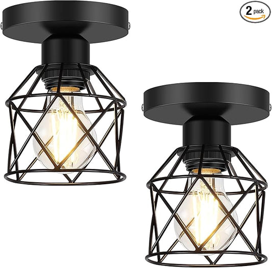 FadimiKoo 2-Pack Farmhouse Semi Flush Mount Ceiling Light, Black Hallway Light Fixtures Ceiling Mount, Small Metal Cage Indoor Ceiling Lamp for Kitchen Porch Bedroom (LED Bulbs Included)