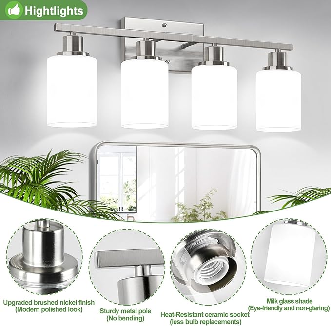 Indoi 4-Light Bathroom Light Fixtures, Brushed Nickel Vanity Lights with Milk Glass Shades, Modern Bathroom Wall Lamp for Mirror Living Room Bedroom Porch