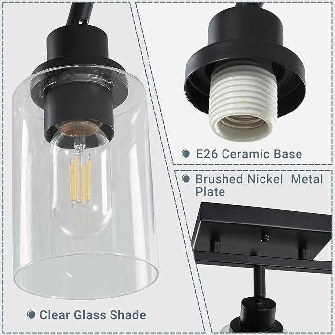 LOUSACE 5 Light Kitchen Track Light Fixtures Ceiling Vanity Lights Black, Bathroom Track Lighting Kit w/Rotatable Heads & Clear Glass Shade, Modern Wall Ceiling Tracking Light for Accent Shop Hallway
