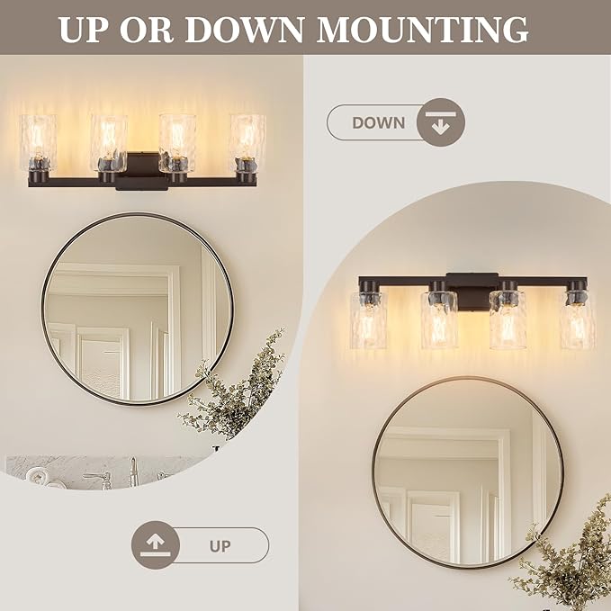 4-Light Bathroom Light Fixtures Modern Oil Rubbed Bronze Vanity Lights with Water Ripple Glass Wall Sconces Over Mirror for Bathroom, Powder Room, Living Room