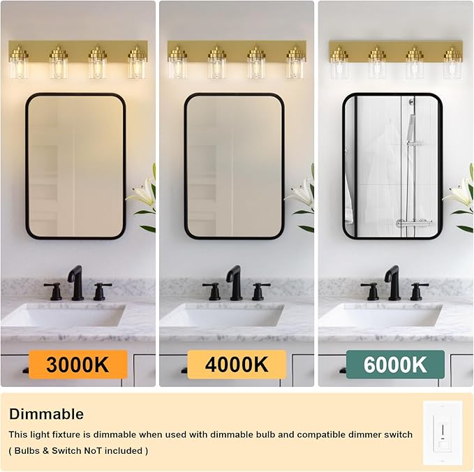 IZORRO Bathroom Vanity Light Fixture, 4-Light 30 Inch Gold Bathroom Light Fixtures Over Mirror, with Clear Glass Shade, Modern Farmhouse Vanity Lights, Rustic Restroom Lighting Fixtures