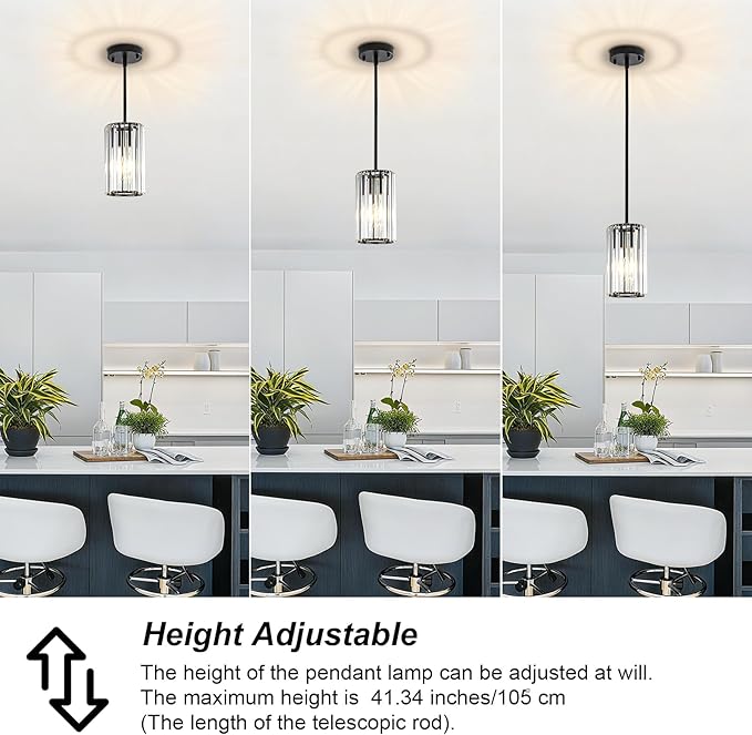 Modern Crystal Pendant Lights, Hanging Light Fixtures Mini Kitchen Island Pendant Lights Adjustable Crystal Chandelier Fixture for Island Dining Room Hallway Bedroom, Black 2-Pack