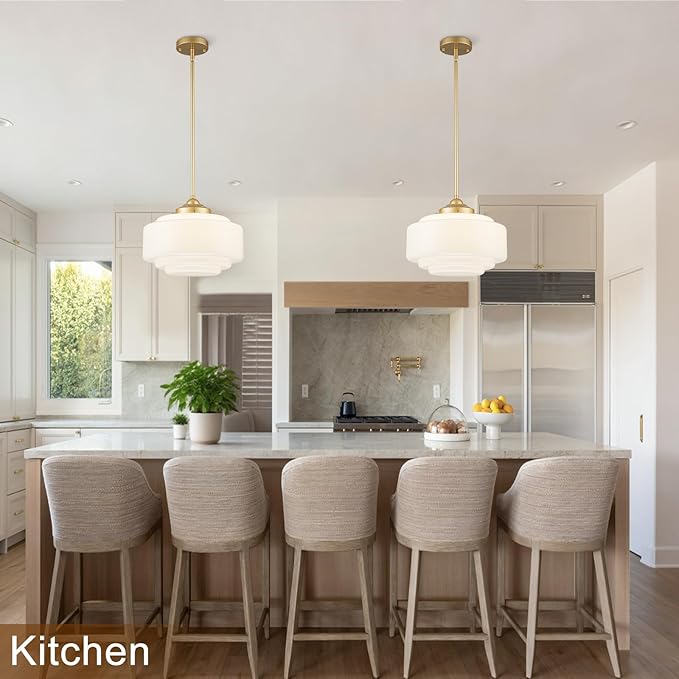 Milk Glass Pendant Light 14” Mid Century Modern Pendant Lighting Fixture With Gold Metal Vintage Schoolhouse Chandelier For Dining Room Kitchen Island Living Room Bedroom, Adjustable Height (E26)