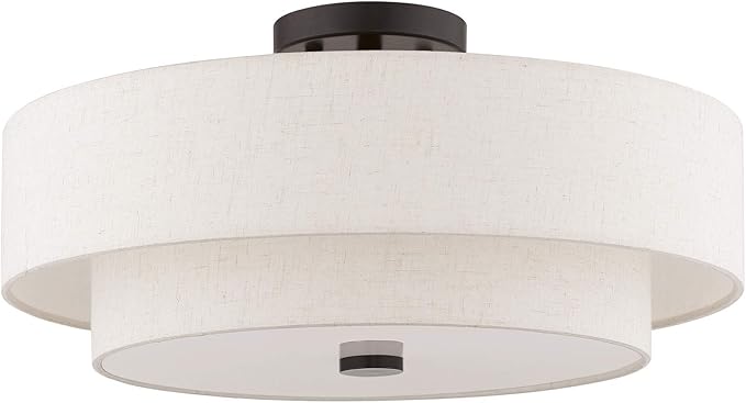 Livex Lighting 51085-92 4-Light Semi Flush Mount Ceiling Fixture with Oatmeal Color Fabric Hardback Drum Shade and Satin White Diffuser, English Bronze