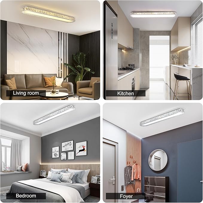 Qcyuui Dimmable LED Ceiling Light 39.4'' Kitchen Lighting Fixtures Ceiling Modern Luxury Crystal Ceiling Light with Remote Chrome Long Ceiling Light Fixture for Kitchen Dining Room Hallway,48W
