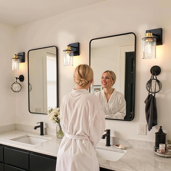 DORESshop Wall Sconces Set of 2 for Bathroom, Modern Vanity Light Fixtures with Clear Glass Shade, Black and Gold Wall Mount Lighting Lanterns for Bedroom Living Room Mirror Hallway Kitchen