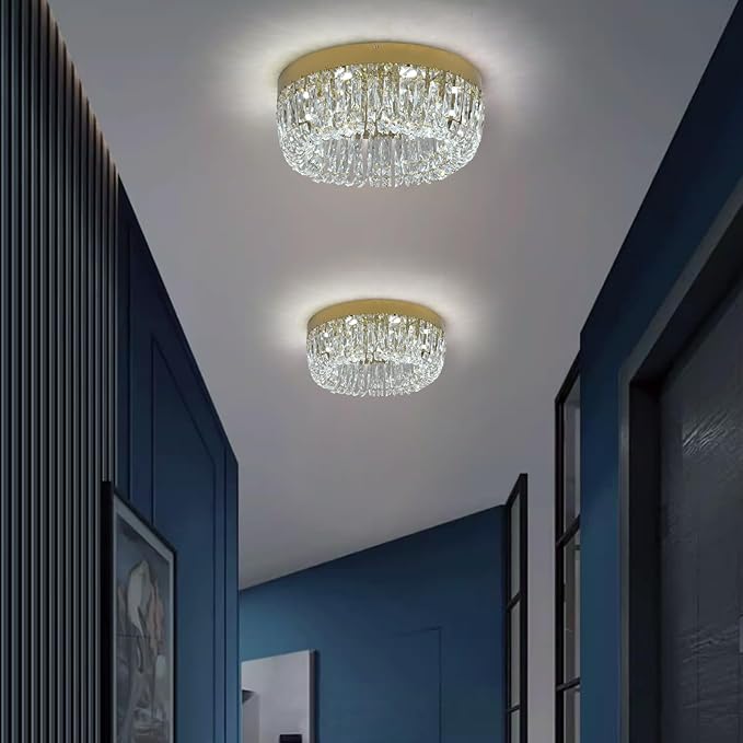 Deckrico Luxury Gold Crystal Chandelier Flush Mount Ceiling Light, 19.7" Modern LED Lighting Fixture for Bedroom Kitchen Dining Room Living Room