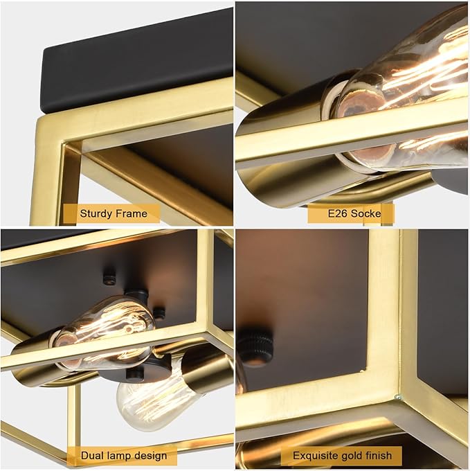 Treekee 11" Ceiling Light Fixtures, Flush Mount Lighting Square, Gold Metal Finish, Vintage Retro and Modern Industrial Charm Ceiling Lamp for Bedroom Hallway Foyer Entryway