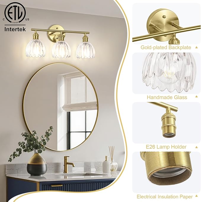 Vintage Bathroom Light Fixtures,3-Light Hardwired Vanity Lights with Clear Tulip Glass Shade,Gold Bathroom Vanity Light for Mirror Restroom,E26 Socket,18.5 in(Bulbs Not Included)