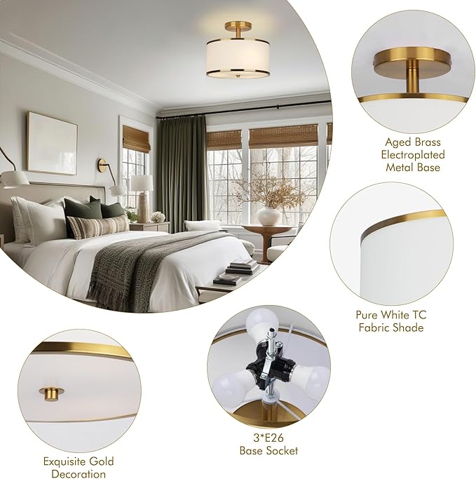 12.6" Semi Flush Mount Ceiling Light Fixtures,3-Light Drum Light,Antique Brass with White Fabric Shade,Light Fixtures Ceiling Mount for Bedroom,Dinning Room,Living Room,Nursery, Kitchen