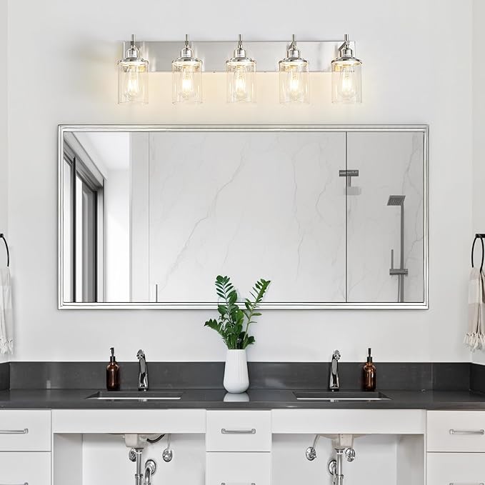 Lanhall 5-Light Brushed Nickel Bathroom Light Fixture Over Mirror Modern Bathroom Vanity Light Vintage Wall Lighting with Clear Glass Shade for Bathroom, Bedroom, Hallway, Cabinet