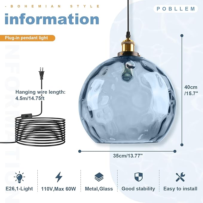 Blue Glass Hanging Light Plug in, 13.8" Large Globe Plug in Ceiling Pendant Light with Hammered Shade, Vintage Gold 1-Light Chandelier Pendant Hanging Lamps for Kitchen Dining Living Room