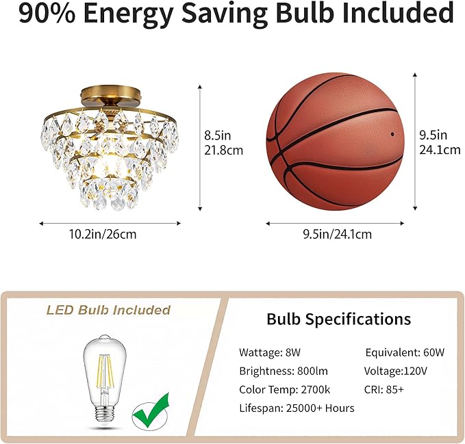 Mayful Modern Crystal Ceiling Light Fixture Gold Semi Flush Mount Ceilig Chandelier Mini Ceiling Light for Hallway Bedroom Bathroom Living Room E26