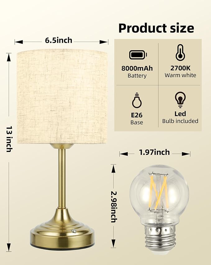 Battery Operated Lamp, 8000mAh, Dimmable, Ambient Light, 2700K, Touch Control, Portable, Small, LED, Wireless, Rechargeable, Cordless, Desk Lamp, Kitchen Lamp, Fabric Shade, for Dining Room, Bedroom