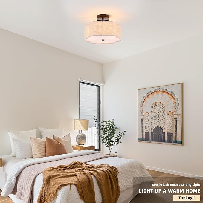 13.78" Semi Flush Mount Ceiling Light Modern 3-Lights Black Drum Ceiling Light Fixture with Fabric Linen Shade, Vintage Modern Ceiling Lighting for Laundry Room, Kitchen, Basement, Bedroom