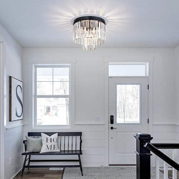 Crystal Ceiling Light, 3-Light Modern Flush Mount Ceiling Light Fixture for Living Room, Dinning Room, Hallway, D12xH13inch, Black Finish Frame & K9 Crystal