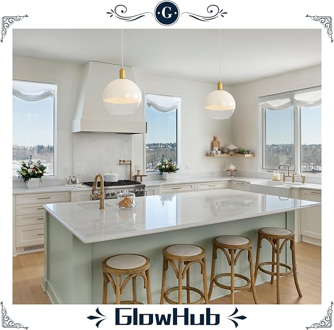 GlowHub Gold Glass Pendant Light for Kitchen Island Milk White Modern Pendant Light Fixture 1-Light Globe Ceiling Hanging Light Adjustable for Farmhouse Dining Room Bedroom Hallway