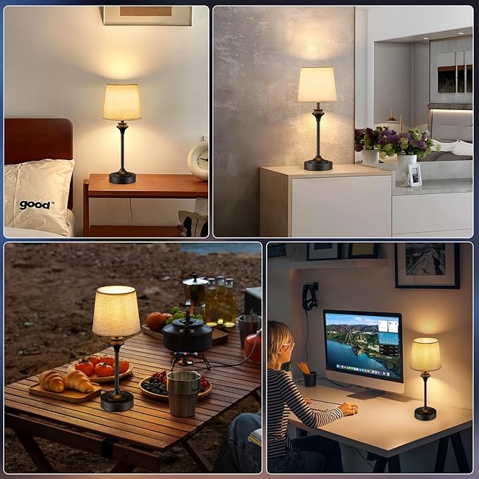 NIORSUN Portables Cordless Table Lamp,Flaxen Fabric Shade Battery Operated Lamp,5200mAh Bedside Table Lamp with Warm White,3 Way Dimmable Touch Desk Lamp for Living Room Bedroom Restaurant (Black)